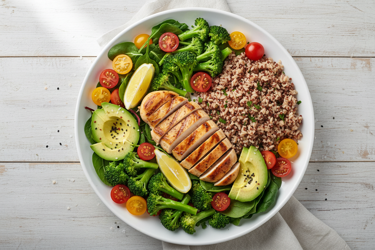 jedzenie na talerzu, jakies takie fit, wiesz fotka od gory zeby wypełniło cały baner.\